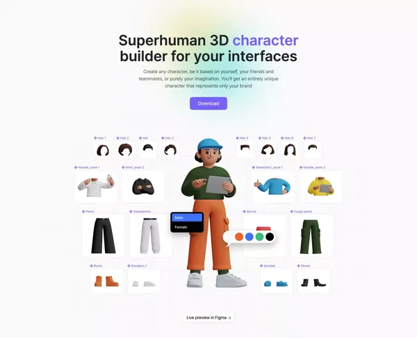 Superhuman 3D Character Builder - Landing design inspiration