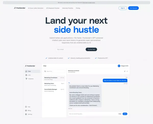 Postlander | AI Cover Letter Generator, Resume Keyword Checker - Landing design inspiration