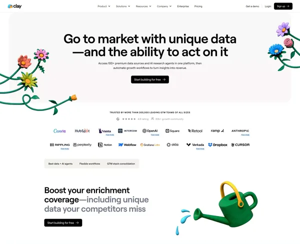 Clay |  Go to market with unique data — and the ability to act on it - Landing design inspiration