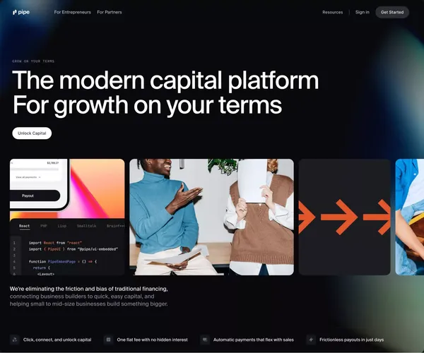 Pipe lets you turn future revenue into up-front capital - Landing design inspiration