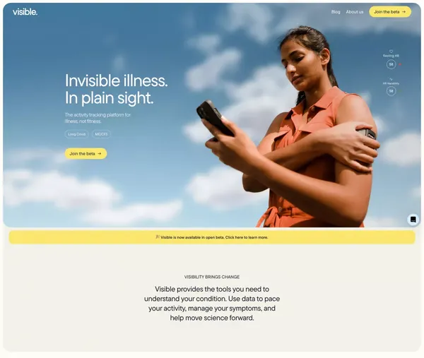 Visible - Activity tracking for Long Covid and ME/CFS - Landing design inspiration