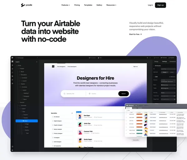 Turn your Airtable data into website with no-code - Landing design inspiration