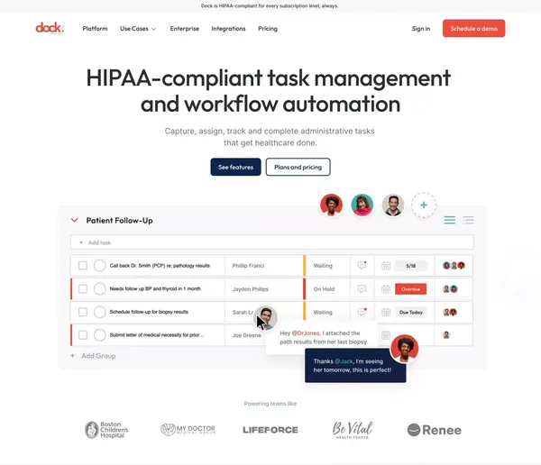HIPAA-Compliant Task Management & Workflow Automation | Dock Health - Landing design inspiration