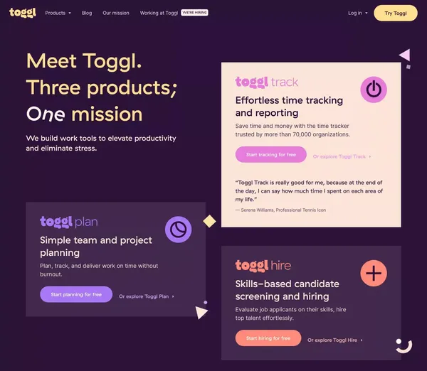 Toggl: Time Tracking, Project Planning and Hiring Tools to Help Teams Work Better - Landing design inspiration