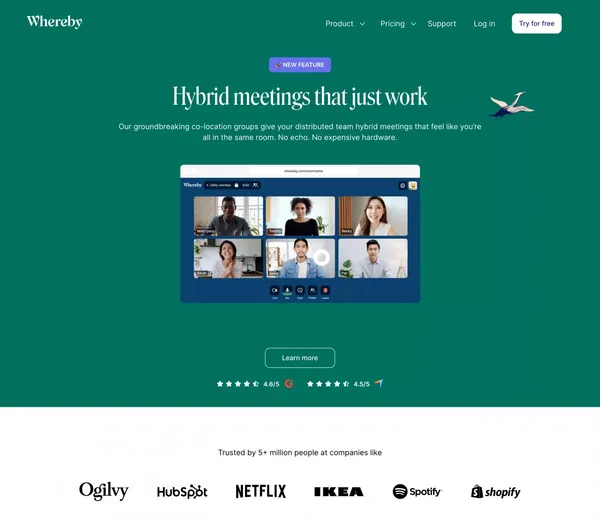 Video Meetings, Video Conferencing and Video Call API  | Whereby - Landing design inspiration