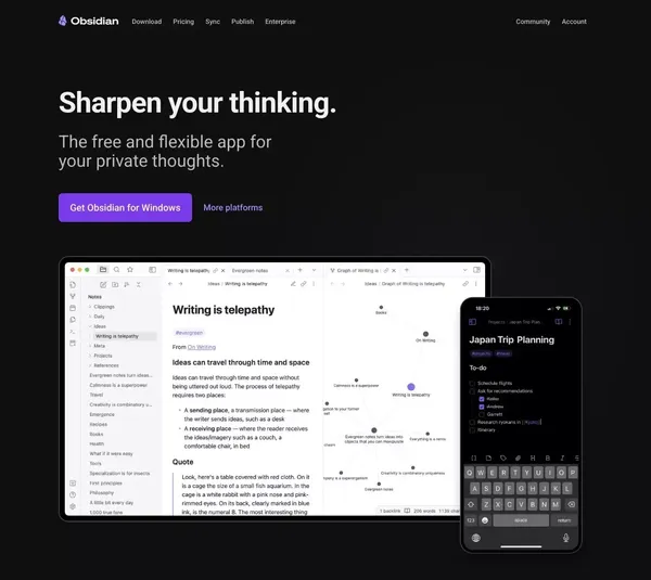 Obsidian - Sharpen your thinking - Landing design inspiration