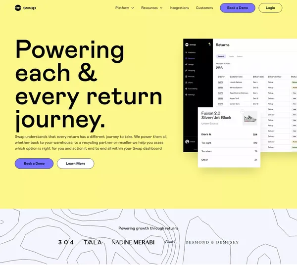 Swap: The exchange first returns platform for Shopify brands - Landing design inspiration