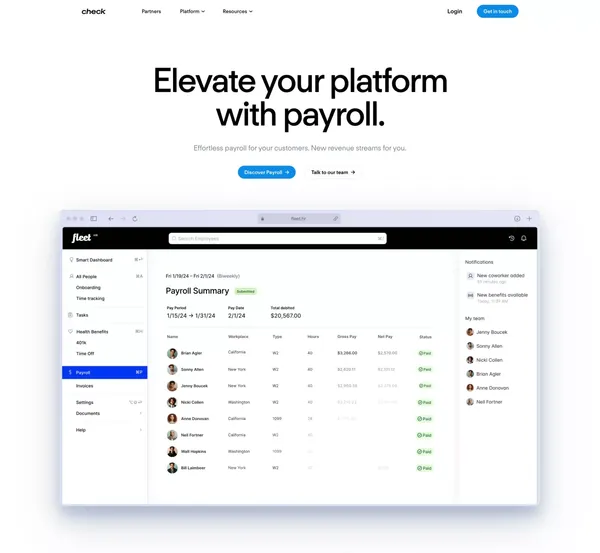 Embedded Payroll for Platforms | Check - Landing design inspiration