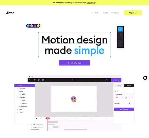 Jitter · Fast and simple motion design tool. - Landing design inspiration
