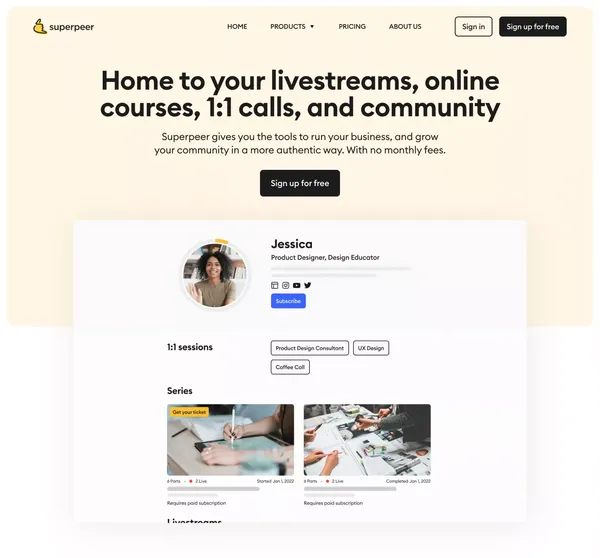 Superpeer | Home to your community with livestreams, live courses, 1:1s and more! - Landing design inspiration