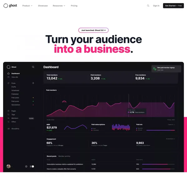 Ghost: Turn your audience into a business - Landing design inspiration