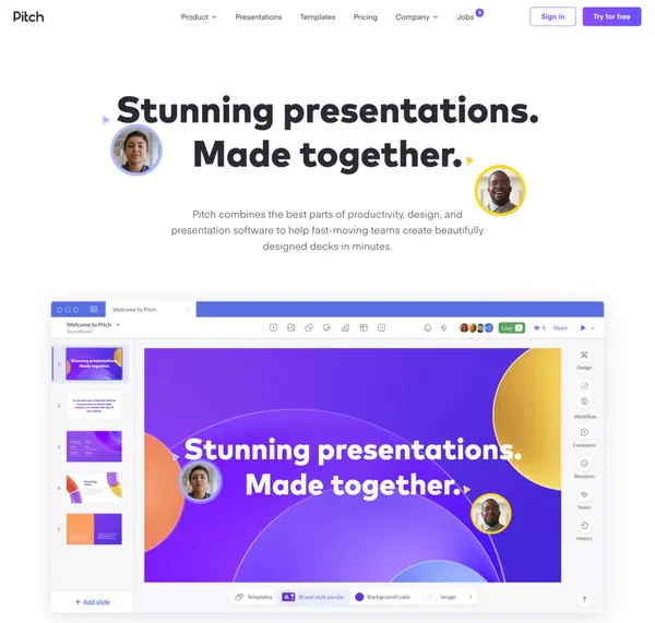 Pitch | Collaborative presentation software for modern teams - Landing design inspiration