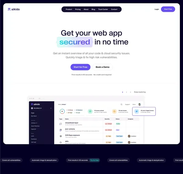 Aikido — an all-in-one AppSec product for code & cloud security - Landing design inspiration