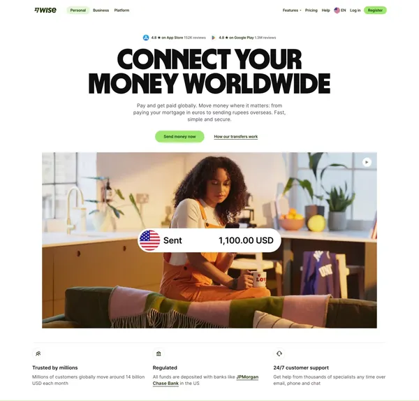 Wise: The international account | Money without borders | Wise Germany - Landing design inspiration