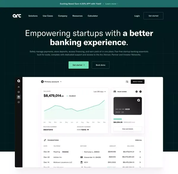 Empowering startups with a better banking experience | Arc - Landing design inspiration