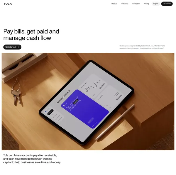 Tola - Accounts payable, accounts receivable and cash flow management - Landing design inspiration