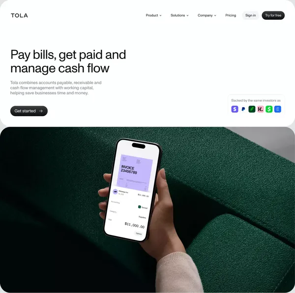 Tola - Accounts payable, accounts receivable and cash flow management - Landing design inspiration