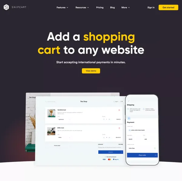 Add a Shopping Cart to Any Website in Minutes - Snipcart - Landing design inspiration