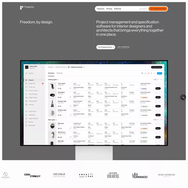 Interior Designer & Architect Project Management Software - Programa - Landing design inspiration