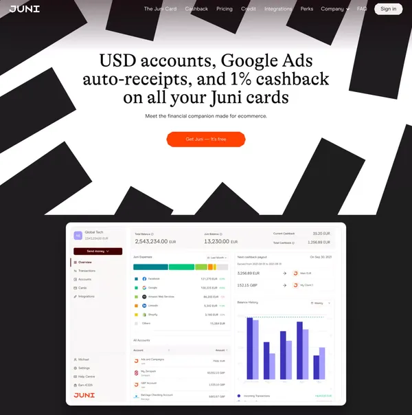 Juni | FinTech - Financial Services for Ecommerce Businesses - Landing design inspiration