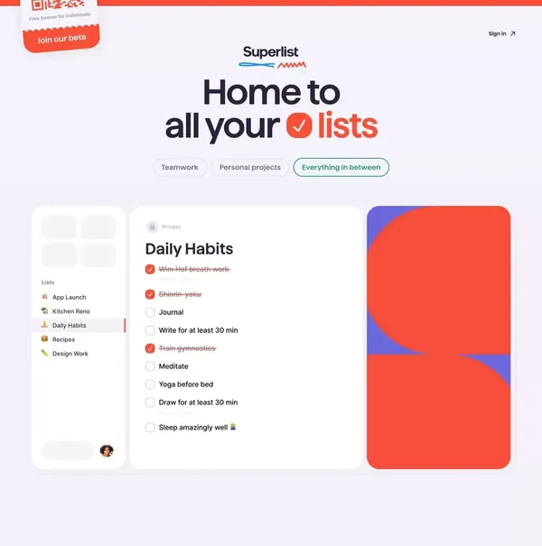 Superlist: Home to all your lists - Landing design inspiration