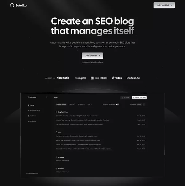 Satellitor: Launch SEO blogs on autopilot, that bring traffic - Landing design inspiration
