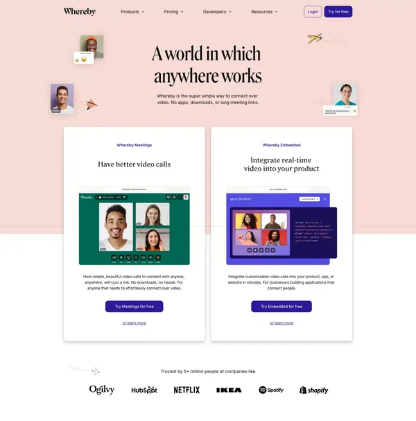 Video Meetings, Video Conferencing and Video Call API | Whereby - Landing design inspiration