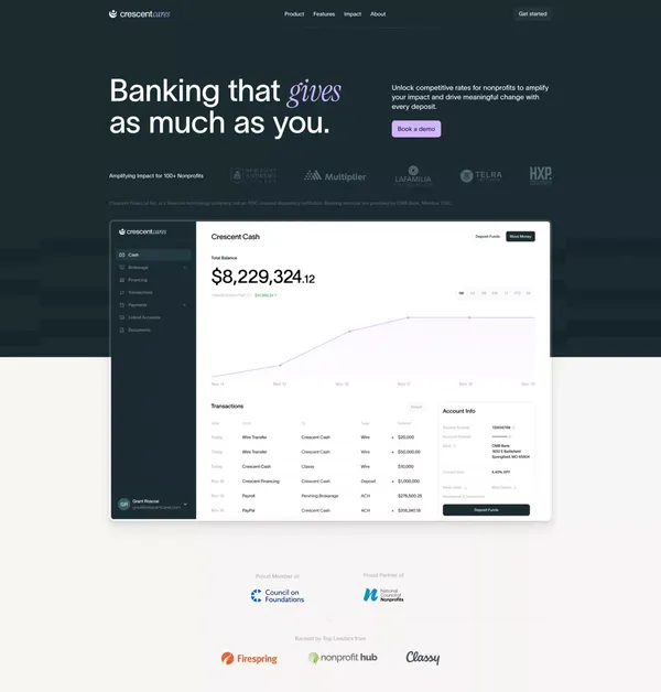 Crescent Cares | High-Impact Banking Platform for Nonprofits - Landing design inspiration