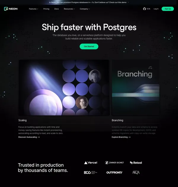Neon — Ship faster with Postgres - Landing design inspiration
