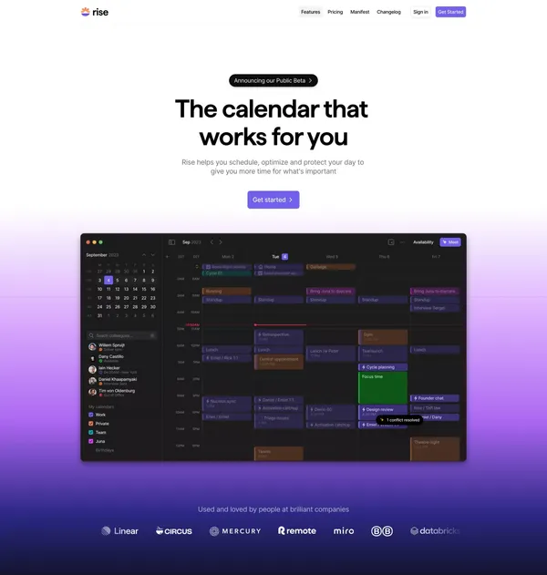 Rise  - The calendar that works for you - Landing design inspiration
