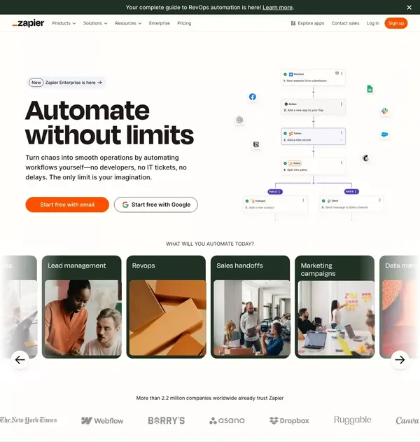 Automate without limits | Zapier - Landing design inspiration