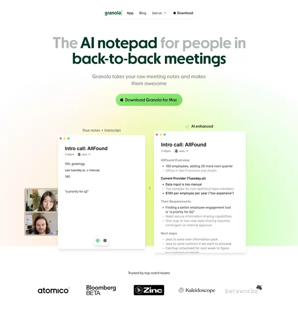 Granola — The AI Notepad for meetings - Landing design inspiration