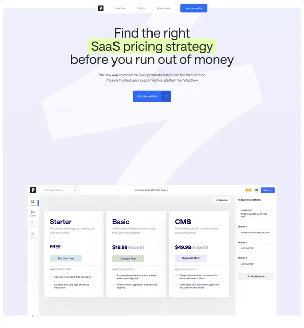 Pricer - SaaS Pricing Page Builder for Webflow - Landing design inspiration