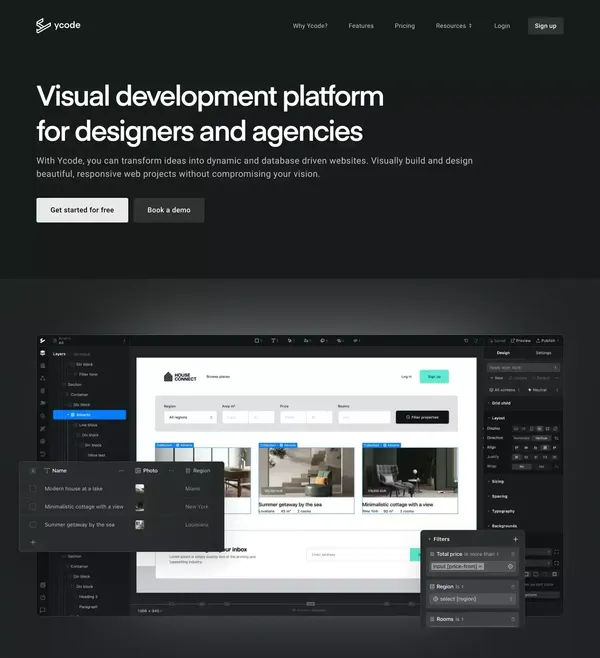 Visual development platform for designers and agencies - Ycode - Landing design inspiration
