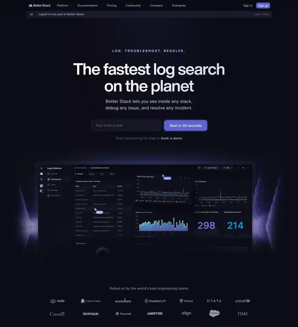 Logs (formerly Logtail) | Better Stack - Landing design inspiration
