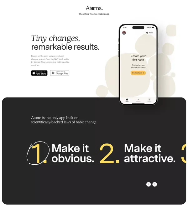 Atoms. The official Atomic Habits app - Landing design inspiration