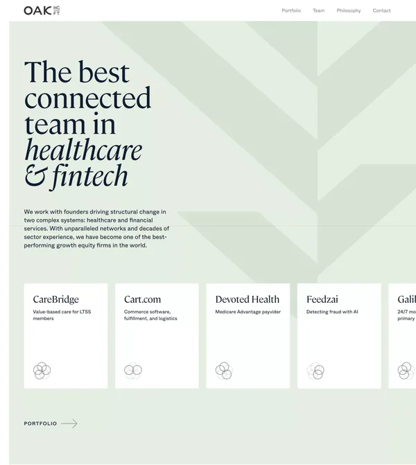 Oak HC/FT | The best connected team in healthcare and fintech - Landing design inspiration
