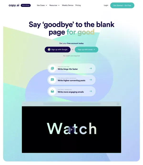 Copy.ai: Write better marketing copy and content with AI - Landing design inspiration
