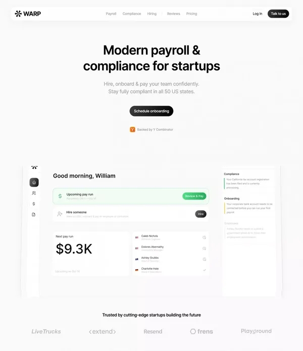 Warp | Modern compliance & payroll for startups - Landing design inspiration