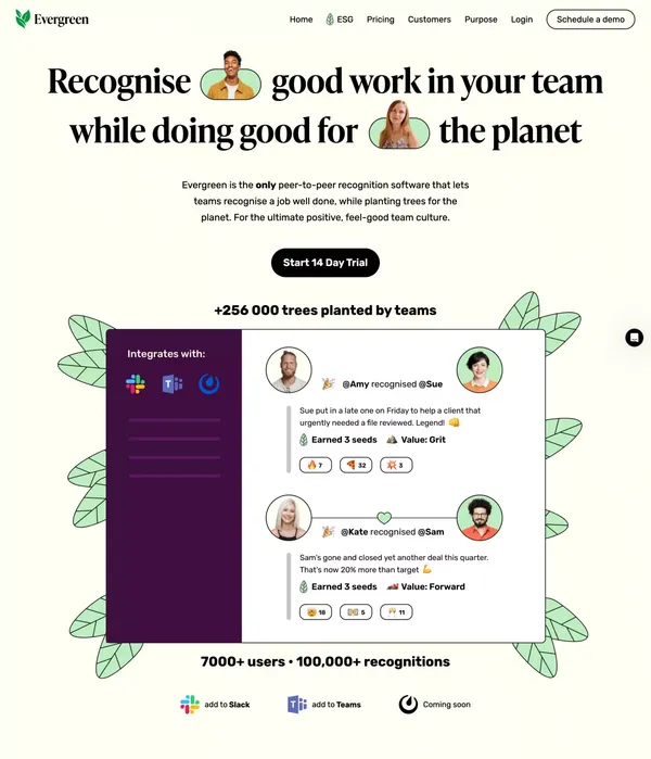 Evergreen | Give recognition and plant trees - Landing design inspiration