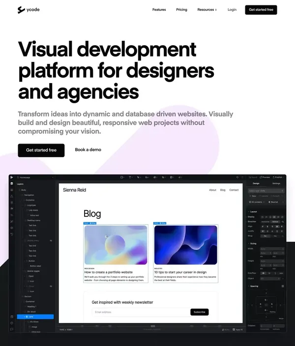 Visual development platform for designers and agencies - Ycode - Landing design inspiration