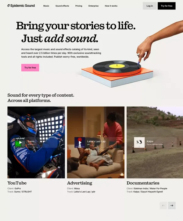 Bring your story to life | Music & SFX for videos | Epidemic Sound - Landing design inspiration