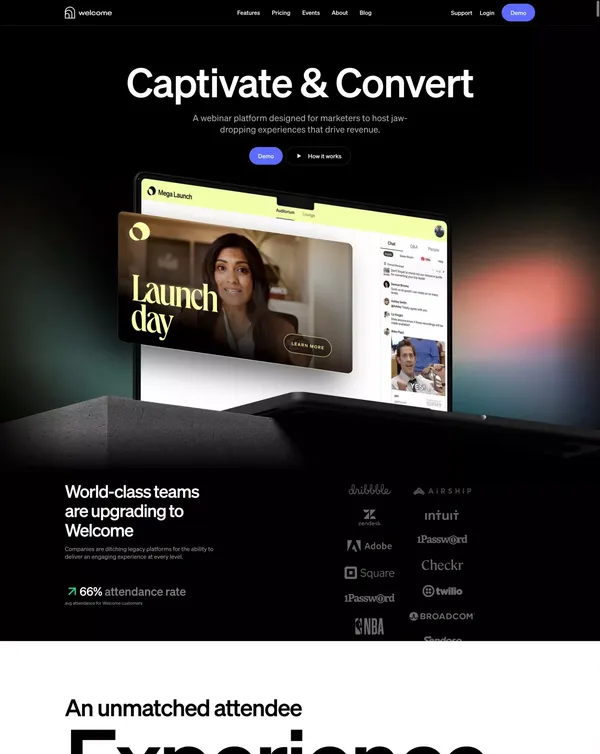 Webinar platform for virtual events and company meetings | Welcome - Landing design inspiration