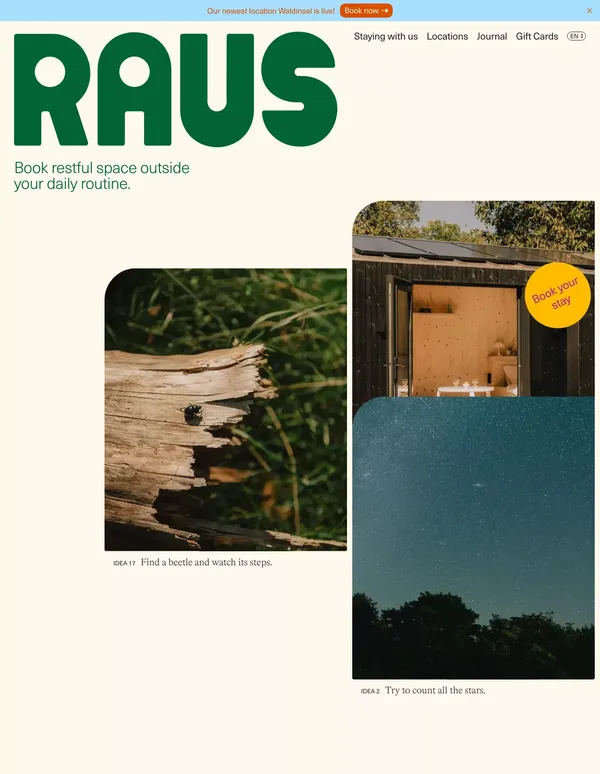 Raus | Smart, sustainable cabins close to your home - Landing design inspiration