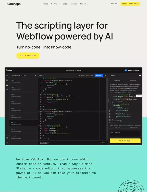 Slater | AI Custom Code Tool For Webflow Projects - Landing design inspiration