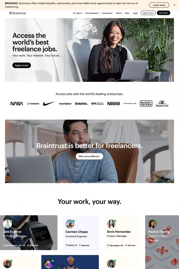 Braintrust | The First User-Owned Talent Network - Landing design inspiration