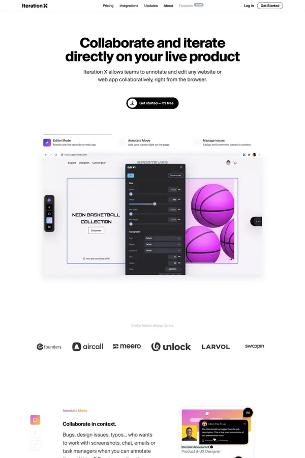 Iteration X: Iterate together on any website, in real time. - Landing design inspiration