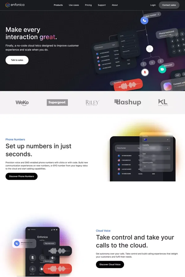 Enfonica | Cloud Telco & APIs for SMS and Voice - Landing design inspiration
