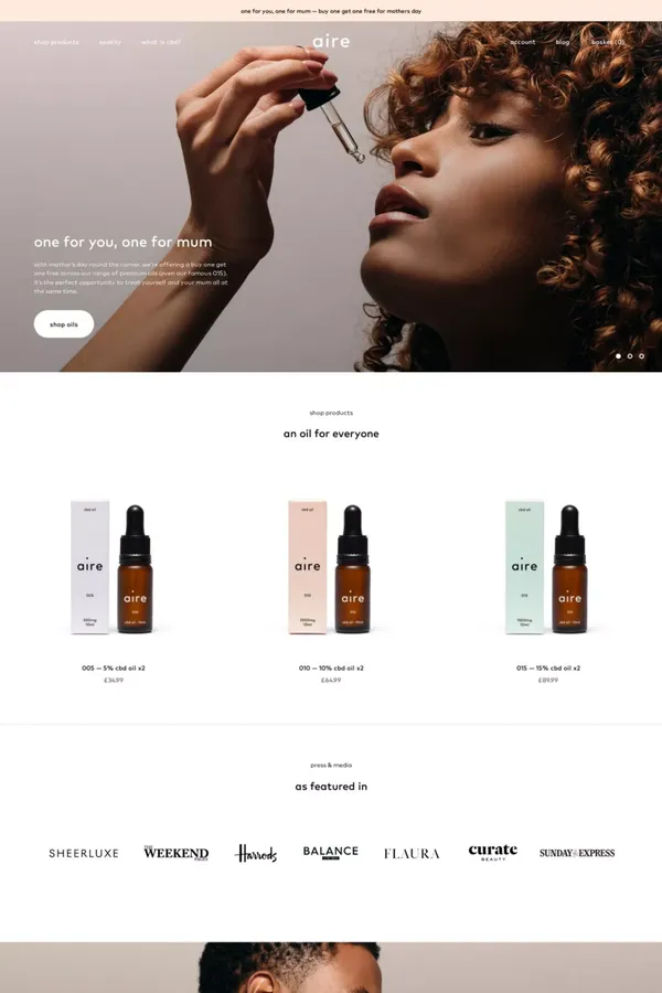 Aire — Premium CBD Oils — All natural. All organic. All hemp. - Ecommerce design inspiration
