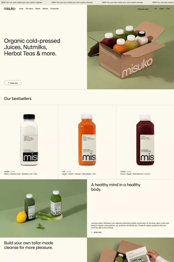 Spécialiste Belge : Cures Détox & Jus Bio pressés à froid | Misuko - Ecommerce design inspiration
